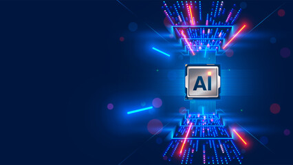 Processor with integration AI. AI Letters on chip. CPU connected to data storage. Artificial intelligence technology in electronic chip. Data processing by artificial intelligence chip. AI hardware.