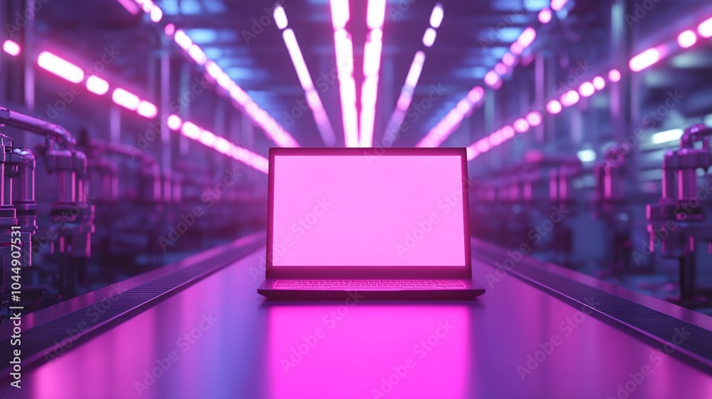Aufkleber a laptop computer sits on a conveyor belt in a futuristic factory setting with pink neon lights.
