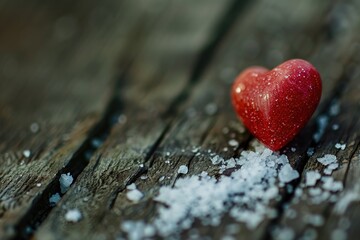 Obraz premium A single red heart resting on a wooden surface, perfect for romantic or symbolic uses