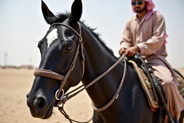Man in traditional attire riding a black horse in a desert landscape under bright sunlight