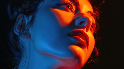 A close-up shot of a woman's face illuminated by a red light, highlighting her features