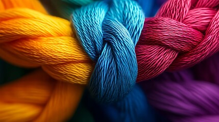 A vibrant close-up of braided colorful yarn strands, showcasing rich hues of red, blue, yellow, and purple against a blurred background.