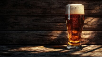 A glass of beer sits alone on a wooden table, perfect for a casual gathering or as a decorative prop