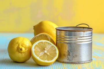 Fresh lemons and a vintage-style tin on a rustic wooden table