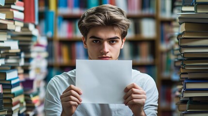 Young man holding a blank paper in front of his face in a library