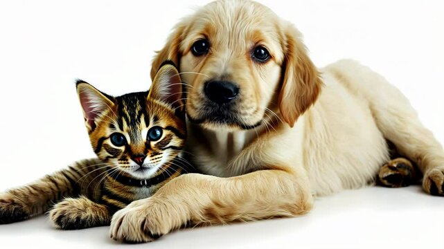 Puppy and kitten lying together on white background. Cat and dog hugging. Advertising theme for pet store or veterinary clinic.