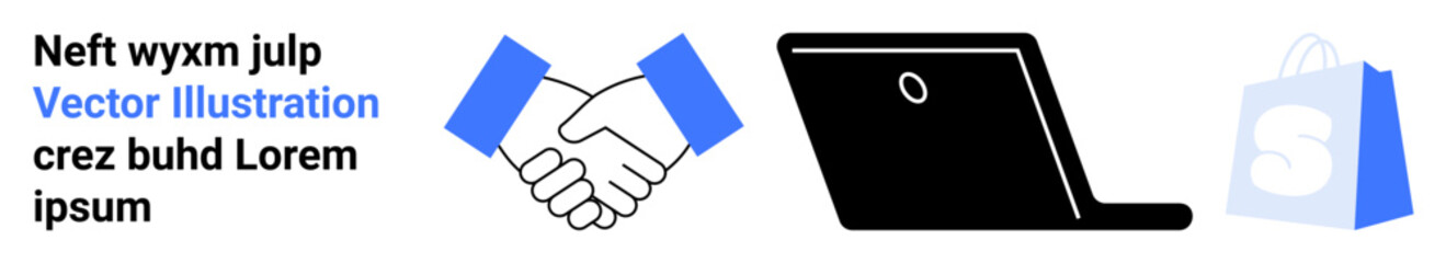 Handshake representing partnership, black laptop symbolizing technology, and a blue shopping bag with a white S illustrating e-commerce. Ideal for business, technology, partnerships, online shopping