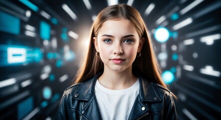 Obraz premium caucasian teen girl futuristic tech bright background wearing fashion portrait