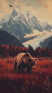 70s-style poster of an Alaskan grizzly bear walking through the grass, with a mountain in the background