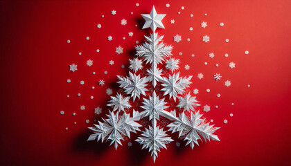 A festive Christmas tree made of layered paper snowflakes on a vivid red background, surrounded by small white snowflakes