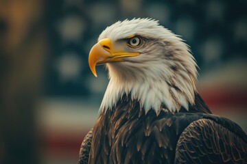 Fototapeta premium A close-up shot of a bald eagle with an American flag in the background, great for patriotic events or displays