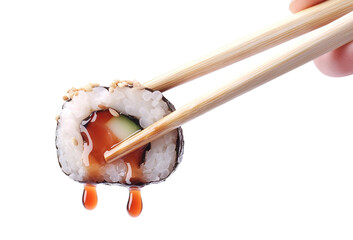 Delicious sushi roll with fresh ingredients, dripping soy sauce, held by chopsticks, cut out