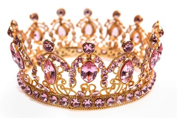 A beautiful gold crown adorned with pink crystals on a white background, perfect for jewelry or decoration