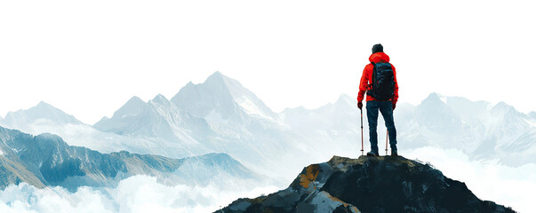 Traveler standing on a snowy peak, overlooking mountain range, cut out
