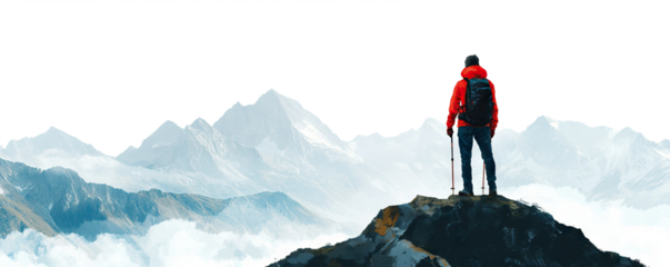 Traveler standing on a snowy peak, overlooking mountain range, cut out