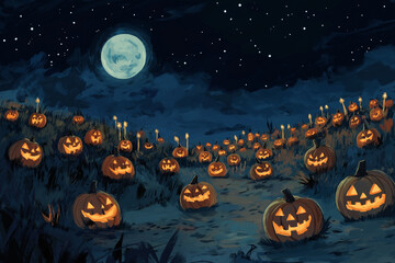 Fototapeta premium scary halloween background wallpaper with pumpkin graves and bats in moonlight