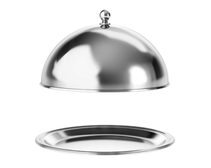 Silver serving cloche raised above empty plate, cut out