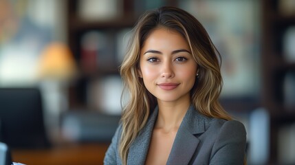 Obraz premium A confident lawyer is focused on her tasks in a contemporary office, surrounded by bookshelves and legal files, exemplifying dedication to her profession