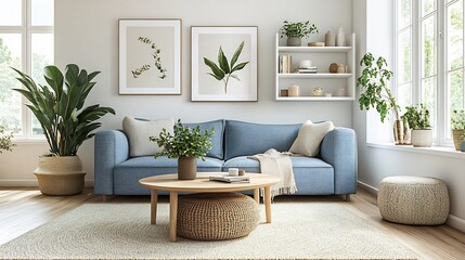 Scandinavian living room a pastel blue sofa light oak wood coffee table and minimalist white shelving soft beige rug with natural light pouring in through large windows