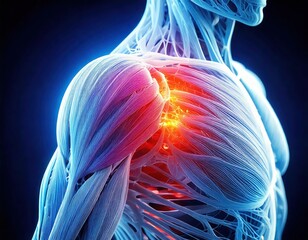 A digitally rendered image of a human shoulder, highlighting muscles and an area of pain represented by a glowing red spot.