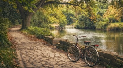 Fototapeta premium Serene Bike Path Next to Calm River in Autumn
