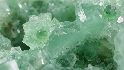 Obraz premium Light green prehnite crystal formation in natural light. High-resolution macro photograph showing translucent botryoidal surface texture and delicate crystal clusters. Professional mineral photography