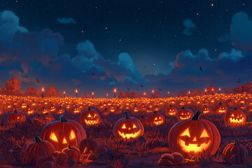 Naklejka premium scary halloween background wallpaper with pumpkin graves and bats in moonlight