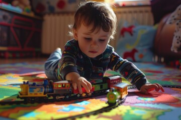 A young child plays with a toy train on the floor, surrounded by toys and imagination