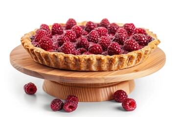 Freshly baked raspberry pie on a wooden stand with fresh raspberries, perfect for a summer dessert...