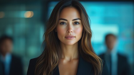 Fototapeta premium The confident female lawyer showcases her professionalism in an office, standing poised with a calm demeanor while colleagues are engaged in activities in the background