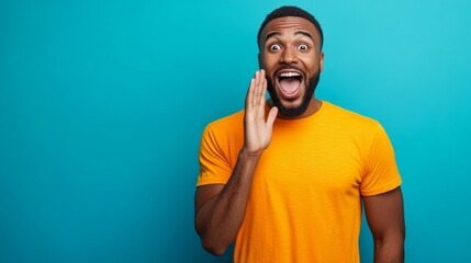 Man in a yellow shirt is making a loud noise, possibly yelling or screaming. happy Black man in an orange T-shirt holds his hand to his and apps surprised. He is standing against light blue background