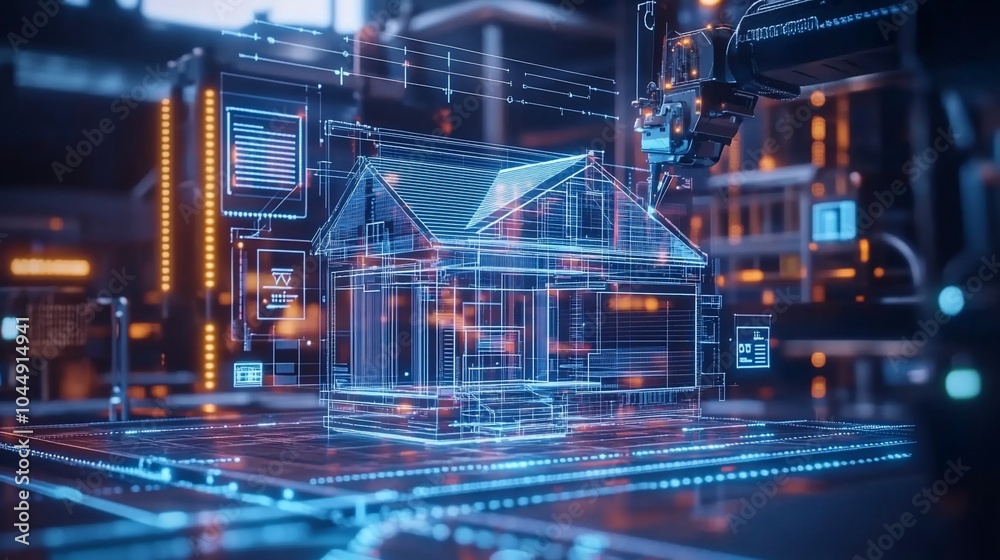 Aufkleber a robotic arm builds a holographic model of a house in a futuristic factory setting.