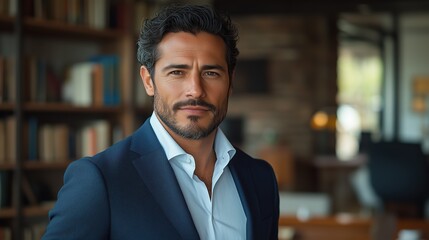 Fototapeta premium A professional lawyer stands in a contemporary office with bookshelves in the background, exuding confidence while dressed in a tailored suit, ready to engage in work