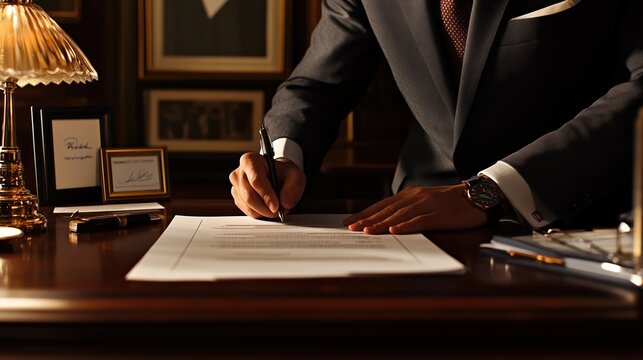 An Indian lawyer diligently signs legal documents at a well-appointed desk, surrounded by elegant decor, indicating a significant moment in their day