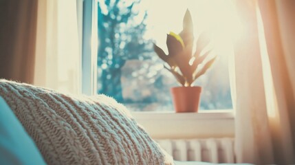 Cozy sunlight interior with potted plant on windowsill
