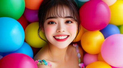 Obraz premium Woman is surrounded by a bunch of colorful balloons. She is smiling and looking at the camera. A beautiful woman in a pastel dress smiling, surrounded by colorful balloons