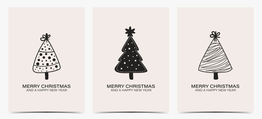 Merry Christmas - set of black and white Christmas greeting cards, postcards, invitations with unique Christmas trees on beige background, vector illustration