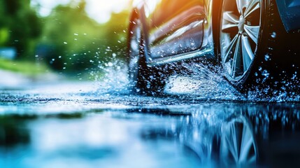 Car Wheel Splashes in Rainy Conditions on Wet Surface
