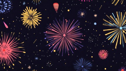 Naklejka premium Flat illustration of a fireworks display in bright, bold shapes and colors with stars and swirls against a dark festive background. Diwali