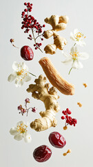 Captivating Display of Ginseng, Ginger, Red Dates, Osmanthus, and Forget-Me-Not Elegantly Floating in the Air..