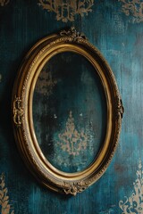 Gold Oval Frame on Wall. Vintage Picture in Gold & Bronze Design