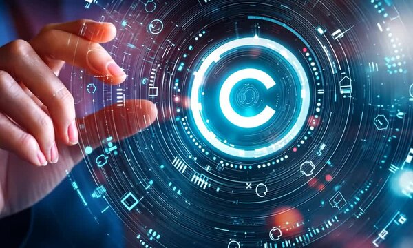 Digital representation of copyright symbol with futuristic elements.