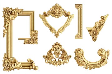 A collection of ornate gold frames on a plain white background, perfect for use in designs related to luxury, elegance and sophistication