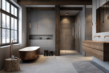 Fototapeta premium Embracing rustic elegance a luxurious bathroom retreat featuring exposed wooden beams and copper accents for a warm inviting atmosphere