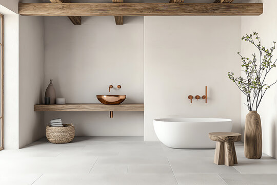 Discover the charm of a rustic bathroom embracing exposed wooden beams and copper accents for timeless elegance