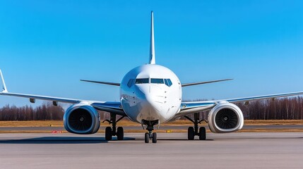 Obraz premium Modern Airplane on Tarmac Under Clear Blue Sky