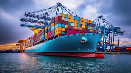 Fototapeta premium Colorful Cargo Ship Docked at Port in Evening Light