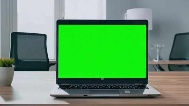 Laptop computer showing a green screen is standing on a desk in an office. The laptop changes position slightly in each frame