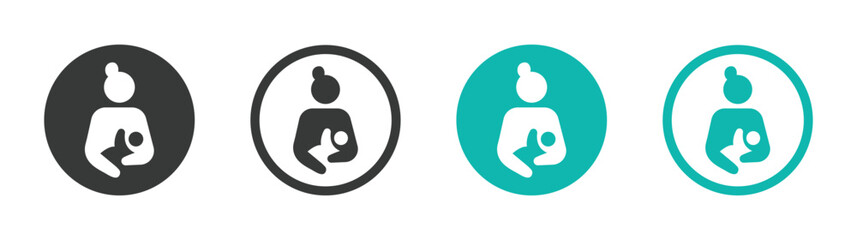 Breastfeeding vector icons. Mother feeding breast milk to vector baby signs. Lactating mother icon