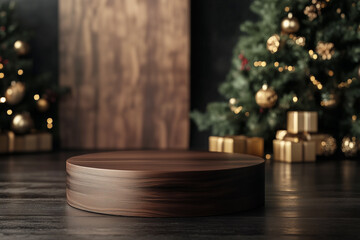Polished dark wooden podium, Christmas podium mockup, Place for Christmas product presentation